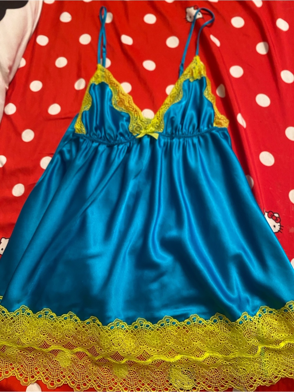 Victoria Secret Blue Satin Lace-Trim Chemise with Yellow Accents
